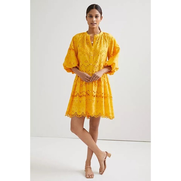 Anthropologie Dresses & Skirts - Anthropologie Yellow Eyelet Lace Tiered Midi Dress Puff Sleeve Button Front M